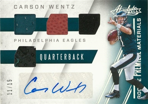 2016 Panini Rookie Premiere Materials #2 Carson Wentz Signed Patch Card (#11/15) - Wentzs Jersey Number!